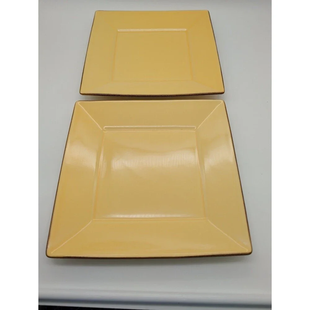 2 Pottery Barn Asian Square Yellow Dinner Plates 10.5